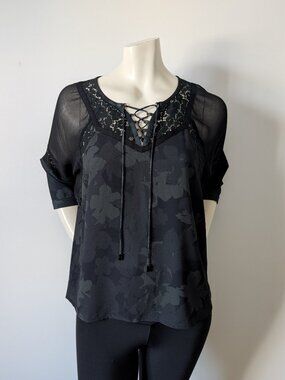 Lady Dutch High Society - Floral Jacquard Lace-Yoke Boho Blouse - Size S